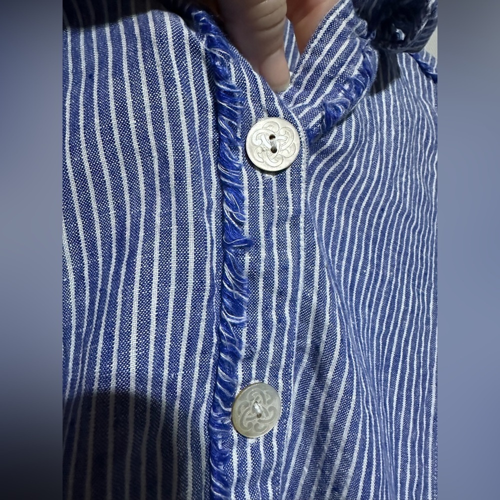 John Mark Shirt Women’s M Blue White Striped 100% Linen Button Down Roll Tab - Picture 4 of 6